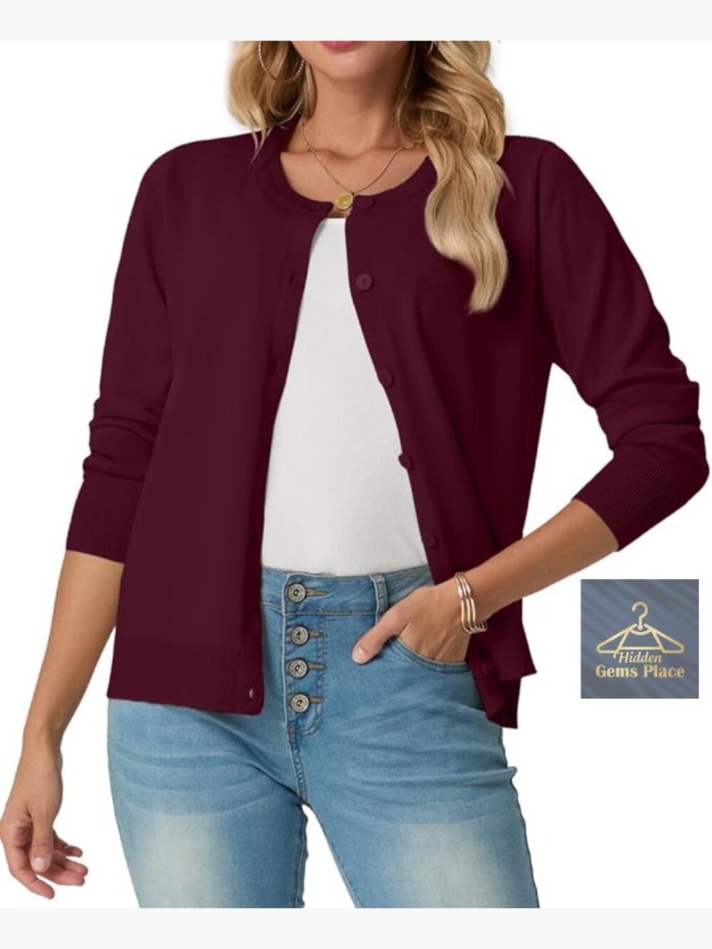 Lightweight Long Sleeve Button Up Cardigan Crew Neck Stretch Knit